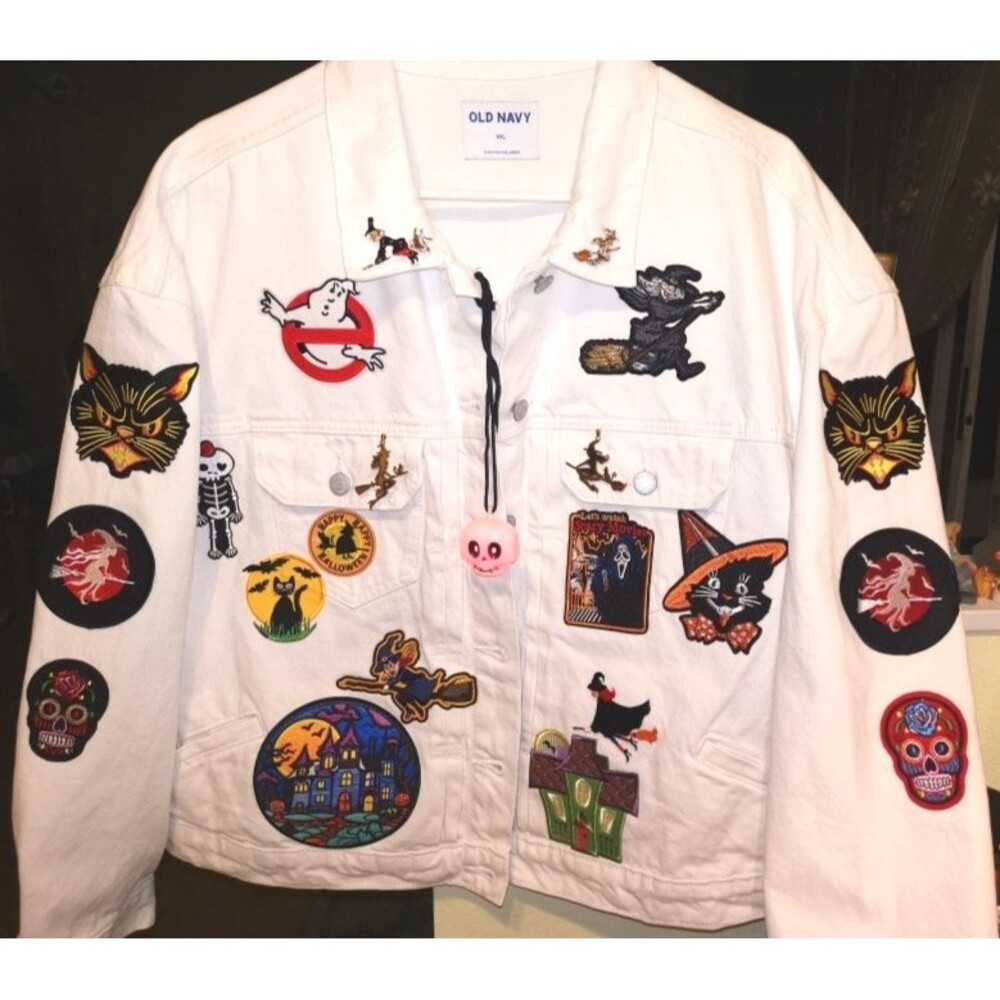 Old Navy WITCH Halloween Jacket Women's Vintage Size 2XL Custom Patches All Over